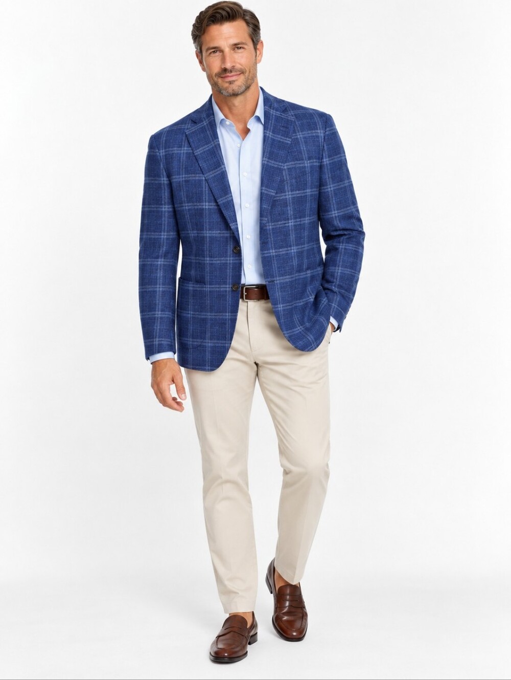 Peter Millar Crown Crafted Blazer 44R Blue Plaid Wool Silk Linen Sport Coat